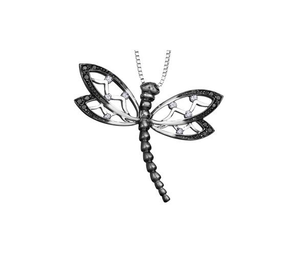 PENDENTIF LIBELLULE EN OR BLANC SERTI DE DIAMANTS NOIRS ET BLANCS